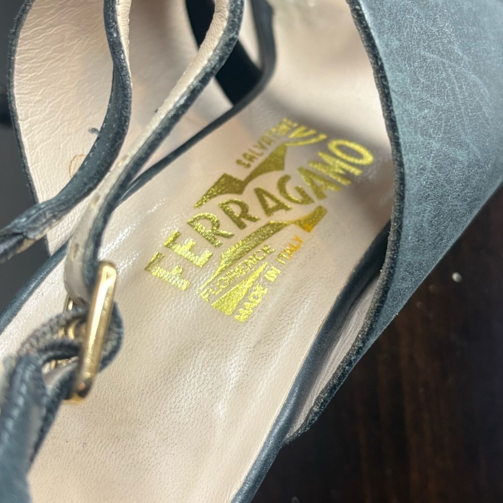 Salvatore Ferragamo Black Buttery Leather Cage T-Strap Sandals 7.5B - Picture 5 of 8